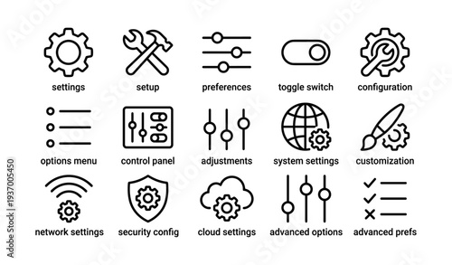 Icon set for configuration and settings: tools, preferences, security, network