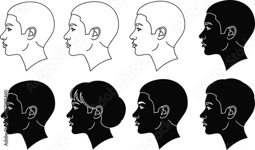 Human head profile silhouettes collection, facial diversity icons, anatomy illustration, hairstyle design, portrait graphics, side view symbols, art essentials