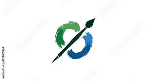 A creative logo featuring a paintbrush over two brushstrokes, green and blue, on a white background