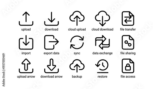 Upload and download icons set illustrating data transfer and backup