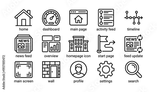 Set of interface icons: home, dashboard, profile, settings, search for web design