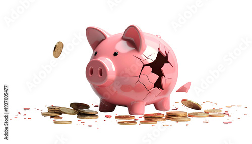 Pink piggy bank, broken with coins spilling out, set against a black background