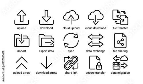 Data exchange icon set: upload, download, sync, cloud storage, file sharing