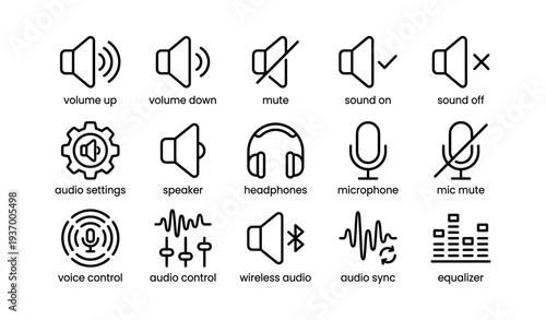 Audio icon set: sound controls, settings, and equipment