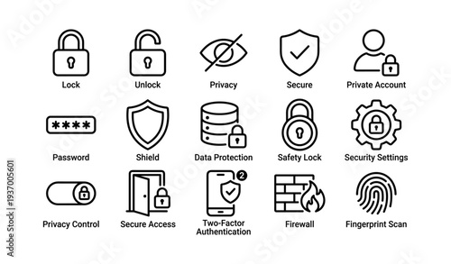 Security icon set: lock, privacy, password, firewall, fingerprint scan, shield, secure access