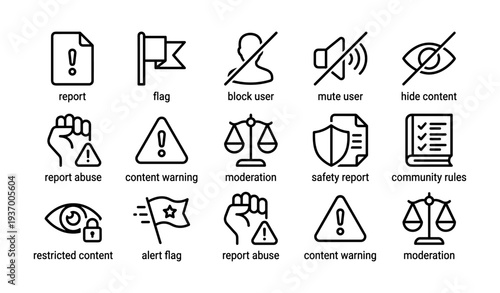 Content moderation icons: report, block, mute, safety, rules