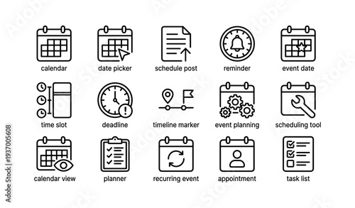 Calendar and planning icons: schedule, reminder, event, task management