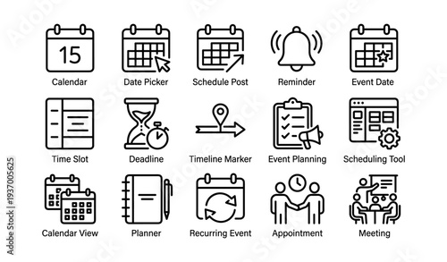 Event planning icons: calendar, reminder, planner, appointment, scheduling