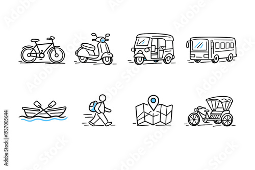 Collection of diverse transportation and travel icons in a simple line art style