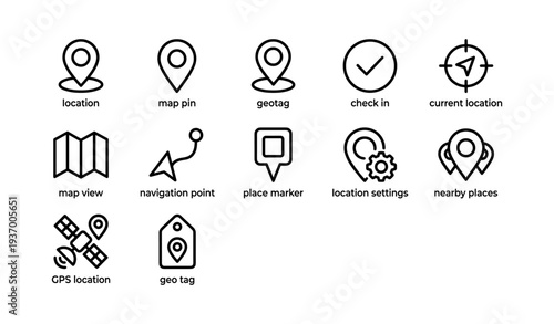 Navigation icons set: location, map pin, check-in, gps, geo tag