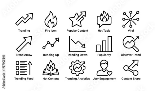 Trending and viral icons set: arrows, fire, analytics, and engagement symbols