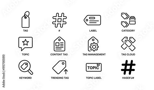 Icon set: tags, labels, and categories for content management and organization