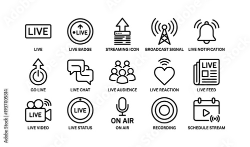 Broadcasting icon set featuring live streaming and notification symbols