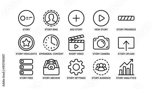 Social media icon set: story features and video tools in black and white design