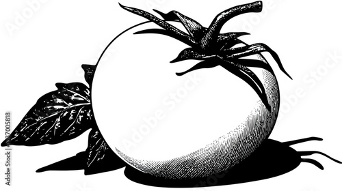 A black and white illustration of a tomato, leaves, stem, and shadow