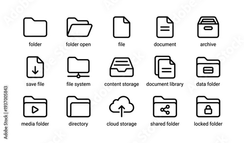 Minimalist icon set for digital file and folder management