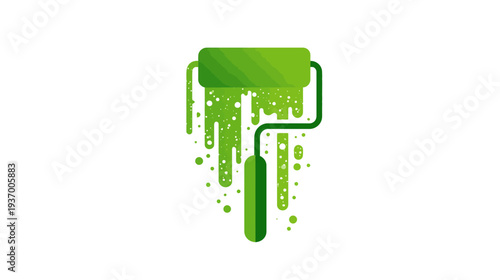 A green paint roller is shown, painting paint downwards on a white background