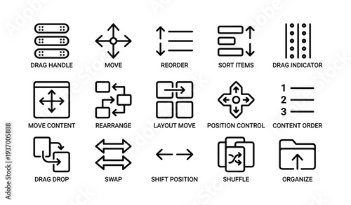 Black line icons: reorder, shuffle, move, arrange, organize elements