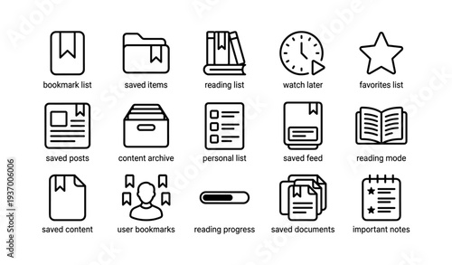 Collection of bookmark and reading icons for content organization