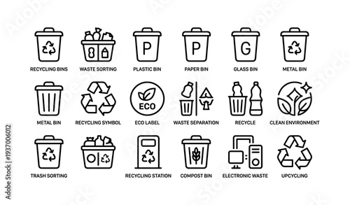 Recycling bin icons: waste sorting, eco symbols, upcycling, electronic waste disposal