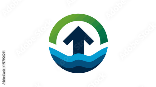 A stylized upward arrow rising from layered waves, enclosed by a green half-circle