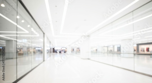 Stunning modern mall interior with luxury shops, reflections, and ethereal lighting effects in focus