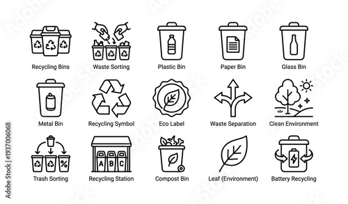 Icons of recycling and environment: bins, symbols, and eco-friendly themes