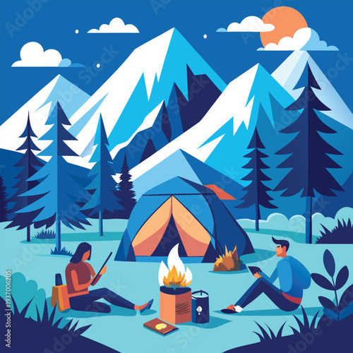 Vector illustration of camping scene with tent and campfire