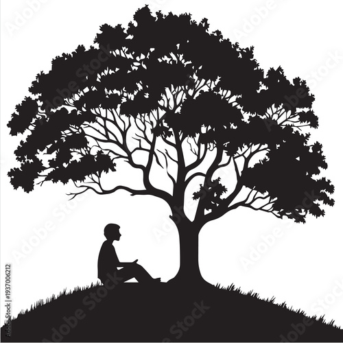 A romantic silhouette of a couple and their child sharing a moment of love and happiness under a summer tree in a lush nature park landscape vector illustration