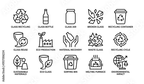 Icon set illustrating glass recycling process and environmental impact