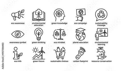 Collection of environmental icons promoting eco awareness and sustainability