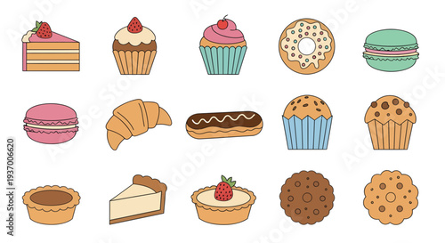 Set of Sweet Bakery and Pastry Icons Isolated on White Background