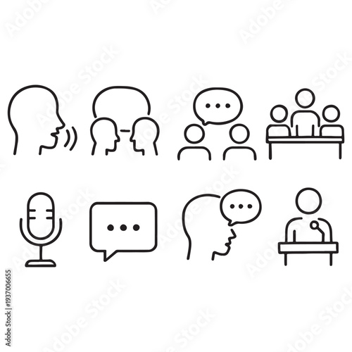 Speaking and Communication Line Icons – Conversation, Consultation, Conference Vector Set