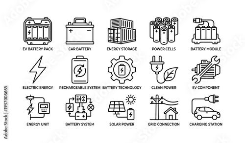 Electric vehicle battery icons: energy storage, power cells, rechargeable systems