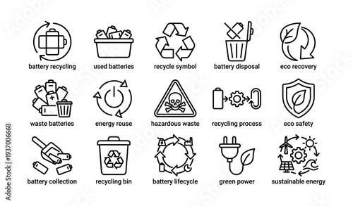 Battery recycling and sustainability icons for eco-friendly waste management