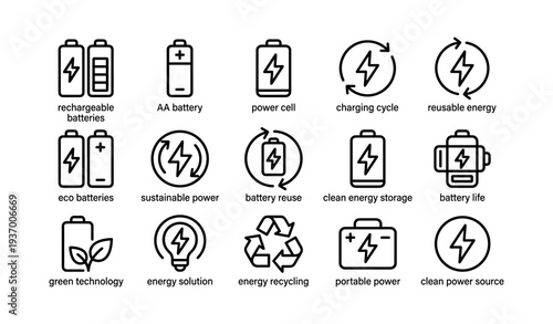 Battery icons collection: sustainable power and clean energy solutions
