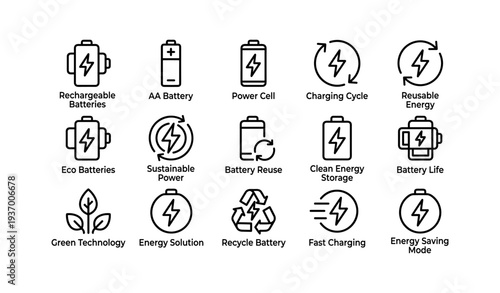 Icons of sustainable power and reusable battery technology for eco-friendly energy solutions
