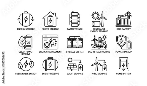 Icon set of renewable energy and power storage solutions