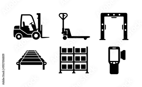 Warehouse Logistics and Material Handling Equipment Icons Set with Forklift Pallet Jack Conveyor Belt Racking System Scanner and Security Gate Silhouette