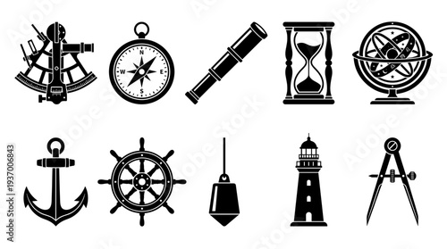 Nautical Navigation and Maritime History Icons Set Featuring Sextant Compass Telescope Hourglass Armillary Sphere Anchor Ship Wheel and Lighthouse