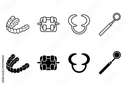 Orthodontic Dental Care Icons Set Featuring Clear Aligners Braces Retainers and Dentist Mirror in Line Art and Solid Silhouette for Stomatology Clinic
