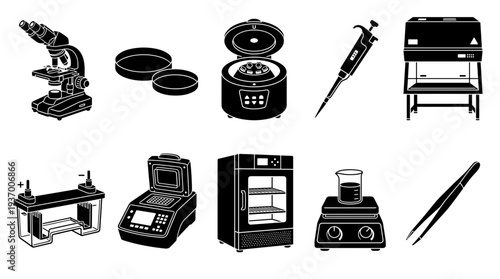 Modern Biotechnology and Life Science Laboratory Equipment Silhouette Icons Including Microscope Centrifuge Pipette Incubator and PCR Thermal Cycler