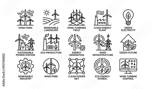 Renewable energy icons featuring wind farms and clean energy symbols