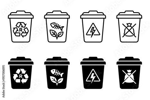 Waste Management and Recycling Trash Bin Icons Set with Symbols for Plastic Food Waste Hazardous Materials and Non-Recyclable Garbage Classification