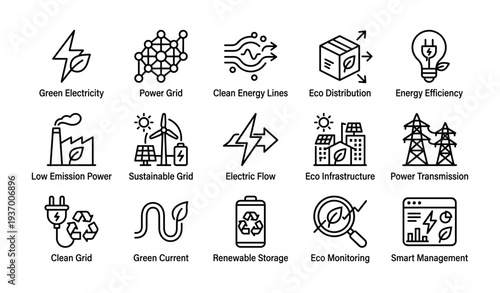 Eco-friendly energy icons: green power, clean energy, renewable solutions