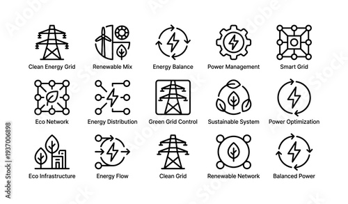 Renewable energy icons representing eco-friendly power systems and smart grid technology