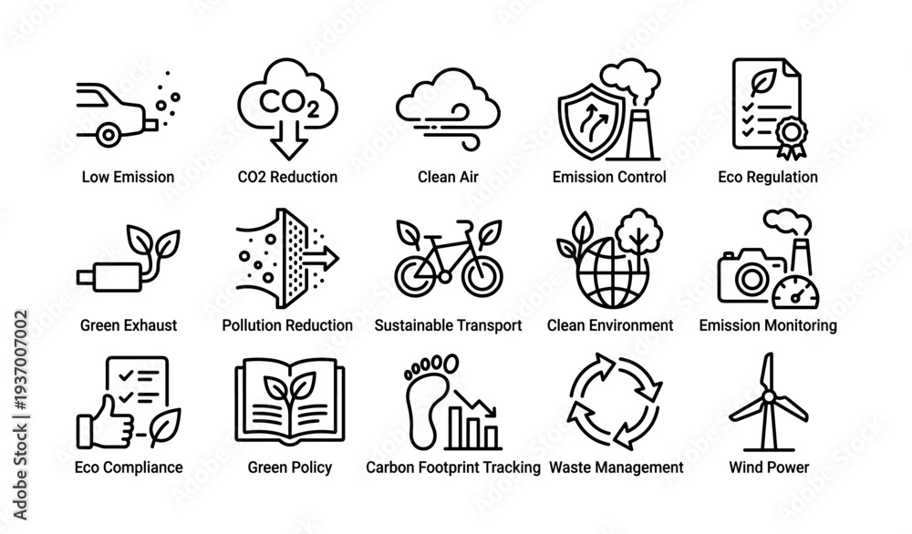 Obraz premium Sustainable practices: emission control and eco policy icons for clean environment