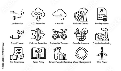 Sustainable practices: emission control and eco policy icons for clean environment