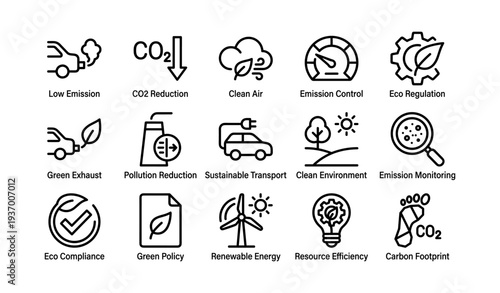 Eco regulations and sustainable solutions icons for clean air and emission control