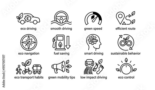 Sustainable driving practices icons: efficiency, eco-navigation, energy-saving, smart, green mobility
